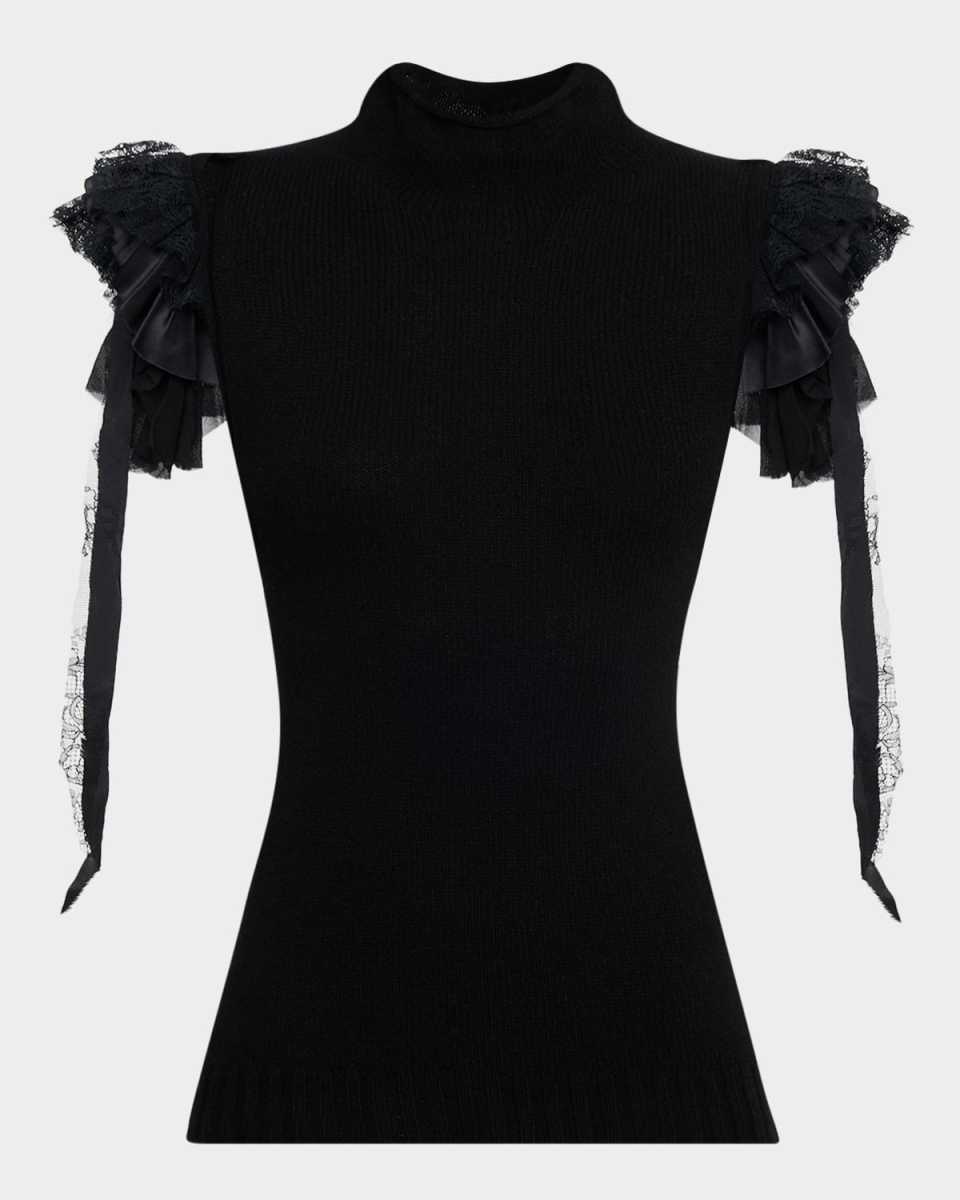 Mock-Neck Ruffle-Shoulder Cashmere-Wool Rib Tank Top